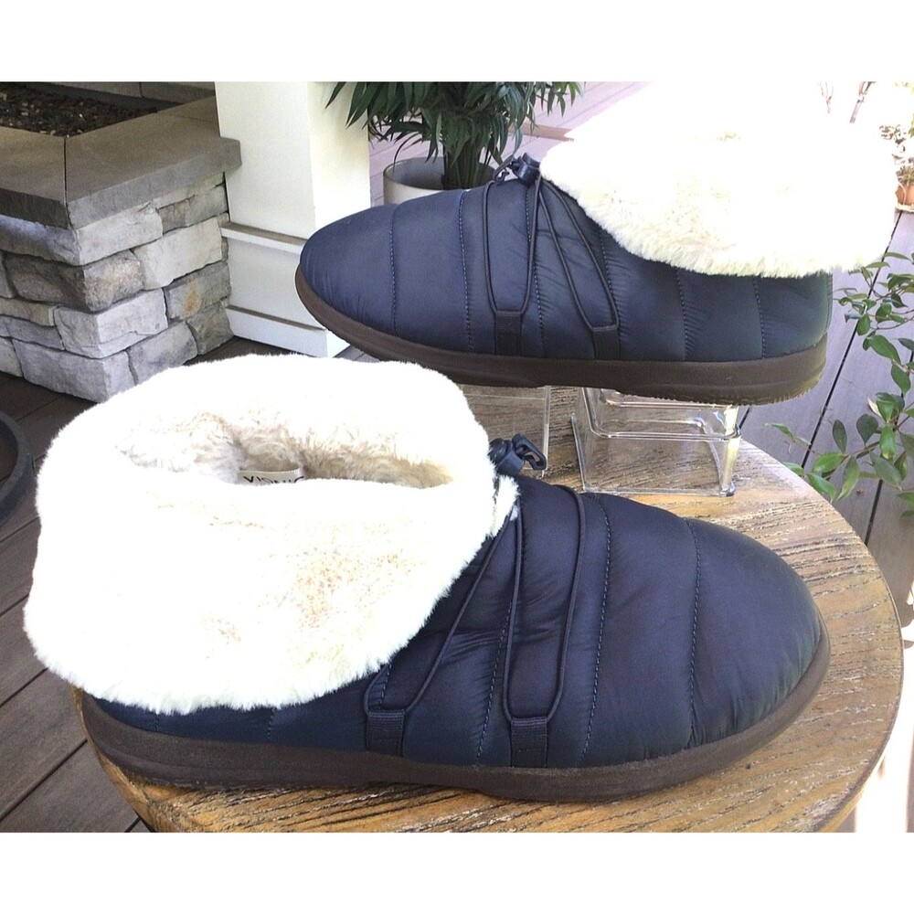 Vionic Slippers Sz 9 Gabrie Faux Fur Bootie Navy Blue Fur Trim Womens Boot